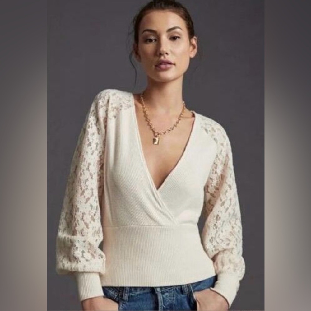 Anthropologie Lace Balloon Sleeve Ribbed Faux Wrap Top | Cream Small Petite